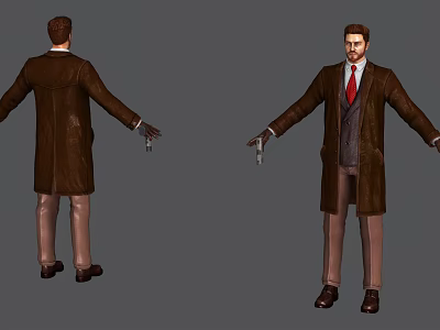 Game Movie Character In Brown Coat Red Tie With Outstretched Arms And Leather Shoes 3d model