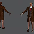 Game Movie Character In Brown Coat Red Tie With Outstretched Arms And Leather Shoes
