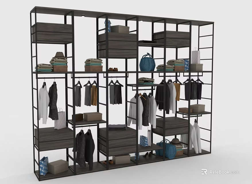 Modern Open Storage Shelving Unit With Metal Frame Wooden Shelves Clothes Bags Hats And Boxes 3d model 