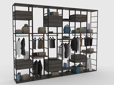Modern Open Storage Shelving Unit With Metal Frame Wooden Shelves Clothes Bags Hats And Boxes 3d model