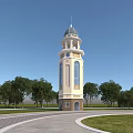 Cream Yellow Tower With Domed Top Spire Surrounded By Green Trees Grassland And Paved Pathway