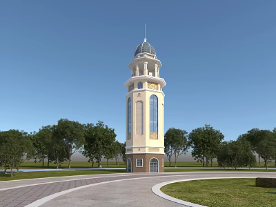 Cream Yellow Tower With Domed Top Spire Surrounded By Green Trees Grassland And Paved Pathway 3d model