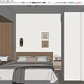Modern White Wardrobe in Minimalist Bedroom With Wooden Window and Decorative Paintings