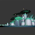 Cartoon Scenic Miniature Landscape With Lily Pads Waterfall Rocky Mushroom Structures And Flying Butterflies
