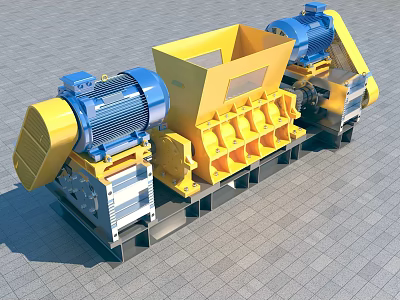 Yellow And Blue Industrial Double Shaft Shredder With Feeding Hopper And Motors For Efficient Shredding 3d model