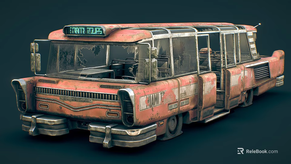Old Rusty Orange Bus With South Tales Sign And Broken Windows 3d model 