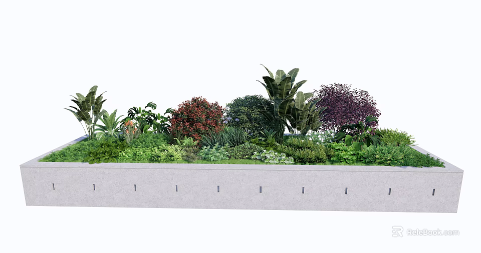 Various Types Of Shrubs With Mixed Greenery In Concrete Planter Garden Design 3d model 