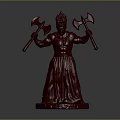 Red Man Statue Holding Two Axes With Flame Like Headpiece In Long Robes On Base