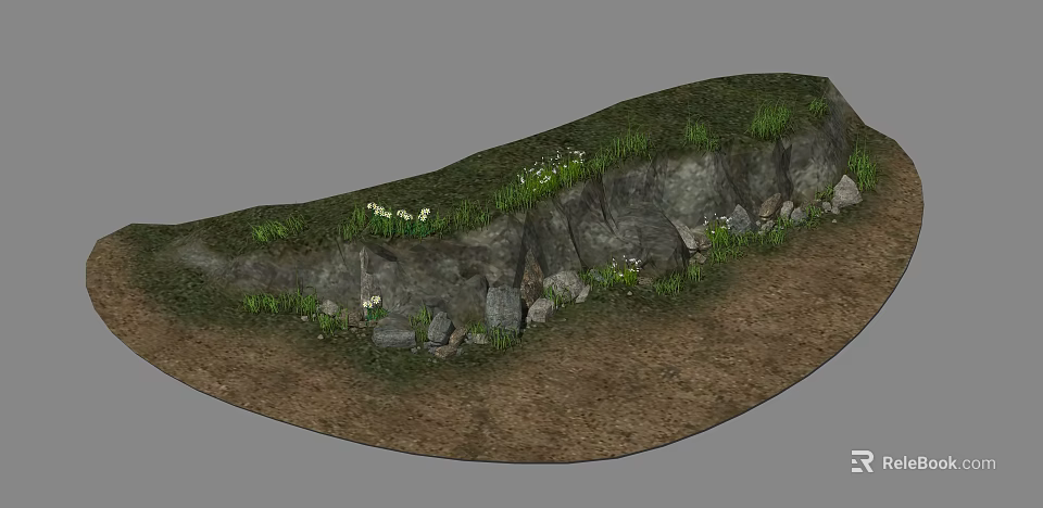 Rocky Slope With Lush Green Grass White Wildflowers And Earthy Soil 3d model 