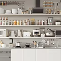 Modern Open Kitchen With Various Kitchen Appliances On White Shelves And Cabinets
