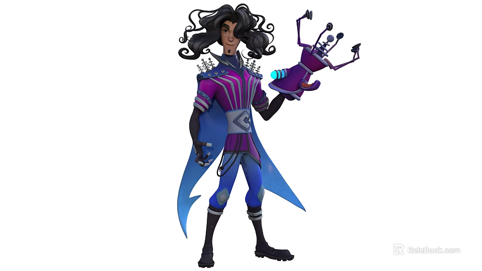Character In Purple Blue Outfit With Long Hair Holding Small Robotic Creature With Mechanical Features 3d model 