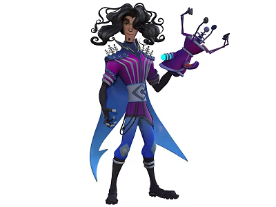 Character In Purple Blue Outfit With Long Hair Holding Small Robotic Creature With Mechanical Features 3d model