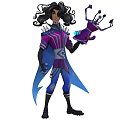 Character In Purple Blue Outfit With Long Hair Holding Small Robotic Creature With Mechanical Features