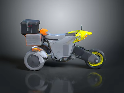 Modern Gray Motorcycle With Yellow Accents Orange Seat Black Storage Box And Stylish Wheels 3d model