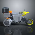 Modern Gray Motorcycle With Yellow Accents Orange Seat Black Storage Box And Stylish Wheels