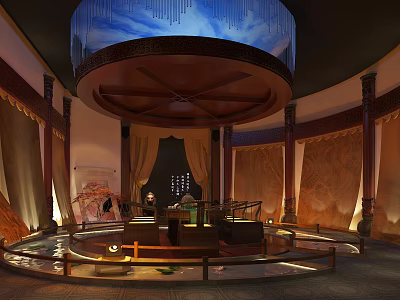Traditional Chinese Restaurant Interior With Circular Ceiling Ornate Columns And Decorative Curtains 3d model