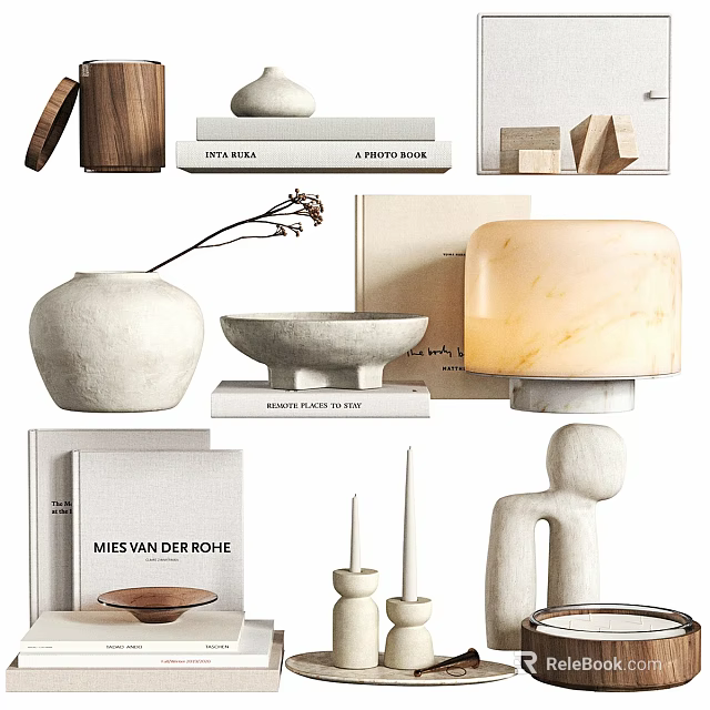 Modern Elegant Decorative Ornament Collection With Marble Vase Wooden Bowl Lamp And Sculpture 3d model 