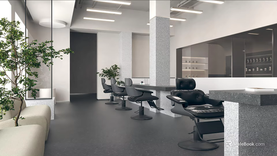 Modern Beauty Salon Interior Design With Black Styling Chairs Marble Countertops And Green Plants 3d model 