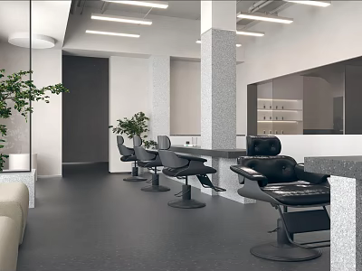Modern Beauty Salon Interior Design With Black Styling Chairs Marble Countertops And Green Plants 3d model