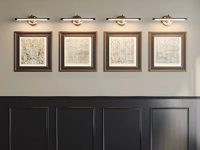 Interior Wall With Four Framed Map Artworks And Wall Sconces Above Dark Wainscoting 3d model
