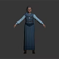 Elderly Woman Wearing Blue Dress And Blue Vest Standing With Arms Outstretched On White Background
