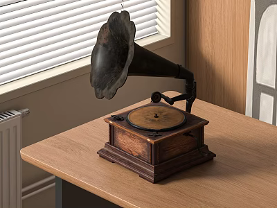 Vintage Gramophone with Horn on Wooden Table Near Window with Venetian Blinds 3d model
