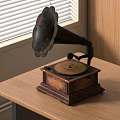 Vintage Gramophone with Horn on Wooden Table Near Window with Venetian Blinds
