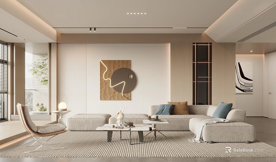 Modern Living Room Interior With Light Sofas Art Decor And Rug 3d model