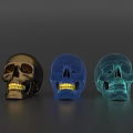 Skull Decorative Ornament Set With Metallic Gold Blue Mesh Green Mesh And Glowing Yellow Teeth