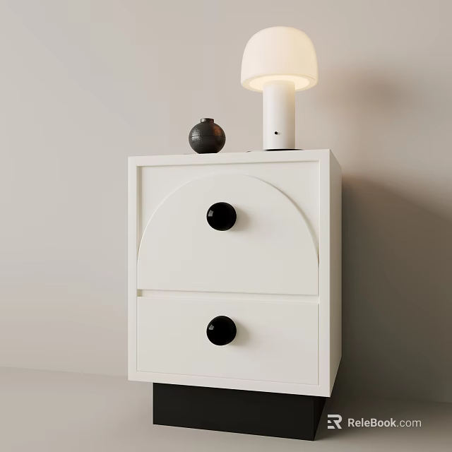 Minimalist White Bedside Table With Two Drawers Black Knobs And White Lamp Decorative Item 3d model