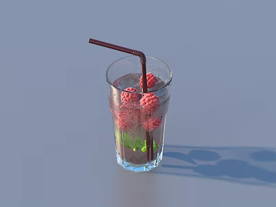 Fresh Raspberry Drink in Clear Glass with Straw and Mint Leaves 3d model