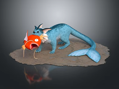 Blue Scaly Dragon with Long Tail Interacting with Orange Puffy Fish on Sandy Ground 3d model