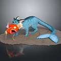 Blue Scaly Dragon with Long Tail Interacting with Orange Puffy Fish on Sandy Ground