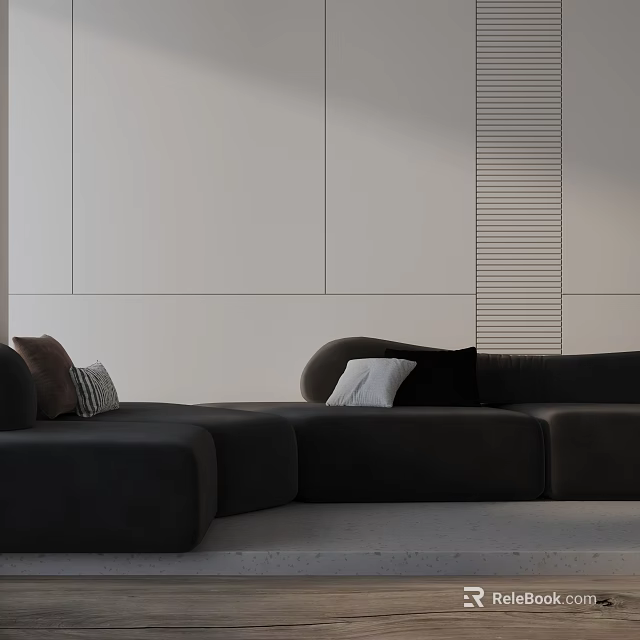 Modern Black Three Seater Sofa With Pillows Against White Wall And Louvered Panel 3d model 