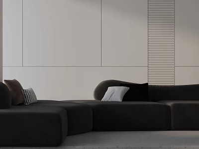 Modern Black Three Seater Sofa With Pillows Against White Wall And Louvered Panel 3d model