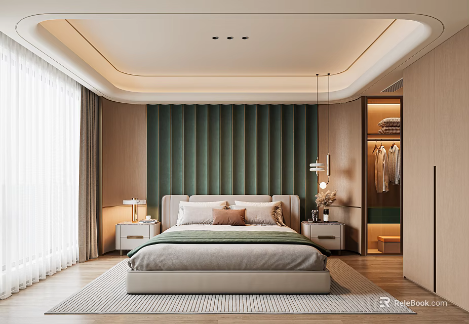 Modern Bedroom Interior Design With Green Padded Headboard Wall Wooden Wardrobe And Hanging Lamp 3d model 