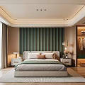 Modern Bedroom Interior Design With Green Padded Headboard Wall Wooden Wardrobe And Hanging Lamp