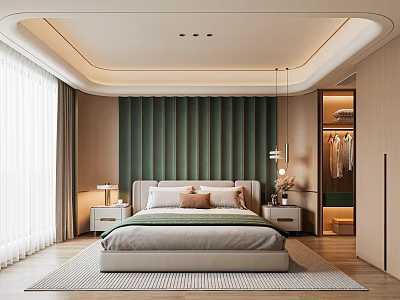 Modern Bedroom Interior Design With Green Padded Headboard Wall Wooden Wardrobe And Hanging Lamp 3d model