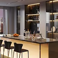 Modern Restaurant Interior With Open Kitchen City Skyline River View And Black Bar Stools