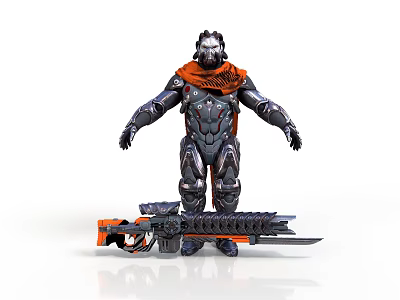 Futuristic Armored Warrior With Black Silver Armor Orange Cape And Chainsaw Gun Weapon 3d model