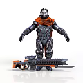 Futuristic Armored Warrior With Black Silver Armor Orange Cape And Chainsaw Gun Weapon