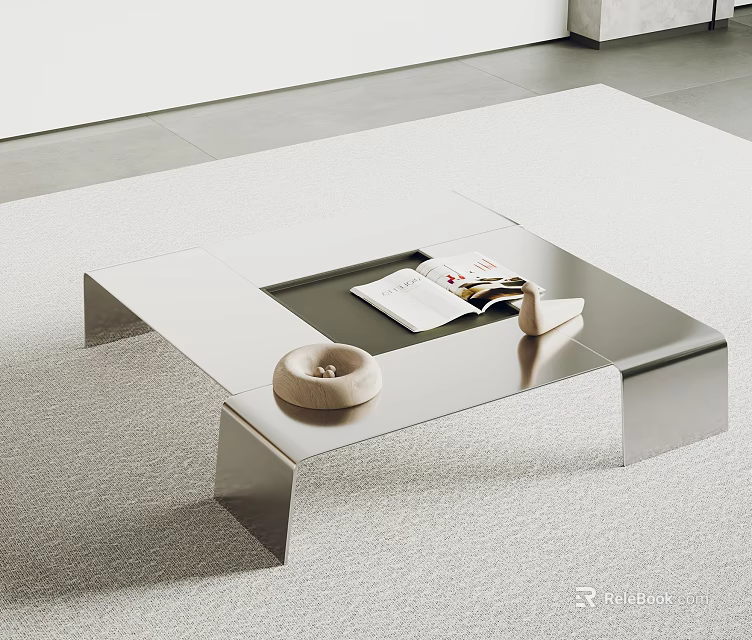 Modern Metallic Coffee Table with Open Book Magazines and Decorative Items on Light Carpet 3d model 