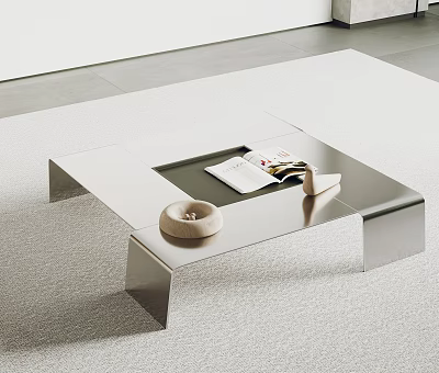 Modern Metallic Coffee Table with Open Book Magazines and Decorative Items on Light Carpet 3d model