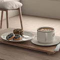 White Coffee Cup with Latte Art on Wooden Tray alongside Donuts Pastry and White Utensils