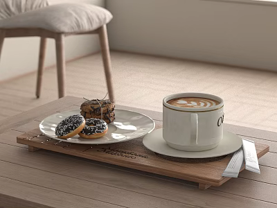 White Coffee Cup with Latte Art on Wooden Tray alongside Donuts Pastry and White Utensils 3d model