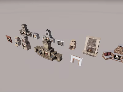 Various Fireplace Designs In Different Styles And Materials For Home Interior 3d model