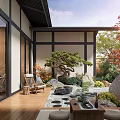 Japanese Style Courtyard Garden With Wooden Structure Large Windows Pine Tree Stones And Outdoor Seating