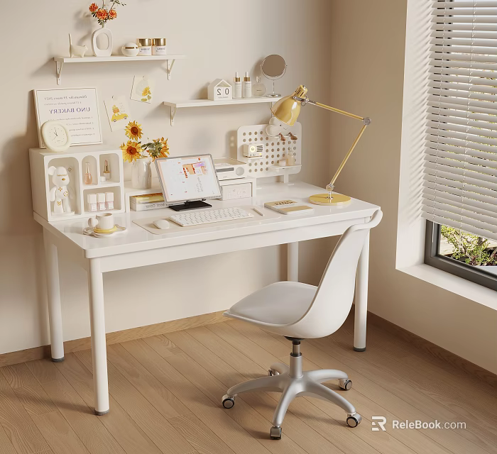 White Modern Desk Setup With Laptop Lamp Sunflowers And Wall Shelves 3d model 