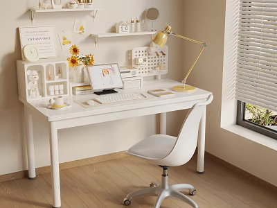 White Modern Desk Setup With Laptop Lamp Sunflowers And Wall Shelves 3d model