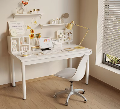 White Modern Desk Setup With Laptop Lamp Sunflowers And Wall Shelves 3d model